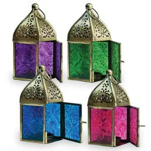 In the Breeze Mini Square Tealight Lantern Moroccan-Style Boho Chic Glass and Metal Tabletop Lantern with Stamped Painted Glass Panels and Metal Frame 2.5" W x 5.25" H