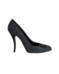 Pre-owned Manolo Blahnik Manolo Blahnik Buckled Plaid Pumps in Grey Cotton by Rebag