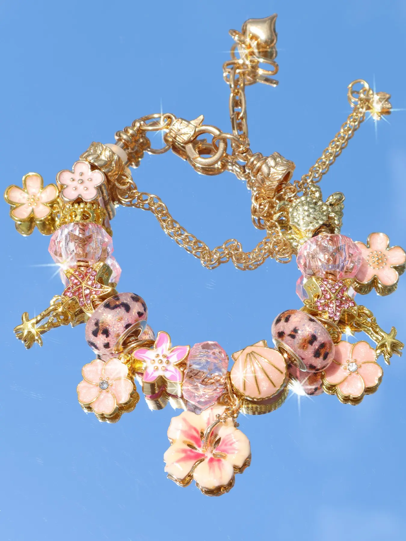 Beach Vacation Style Leopard Print Cherry Blossom Charm Bracelet, Ocean Life Starfish Shell Bracelet, Summer DIY Flower Bracelet, Adjustable Bracelets, Floral Charm Bracelets, Bracelet Jewelry