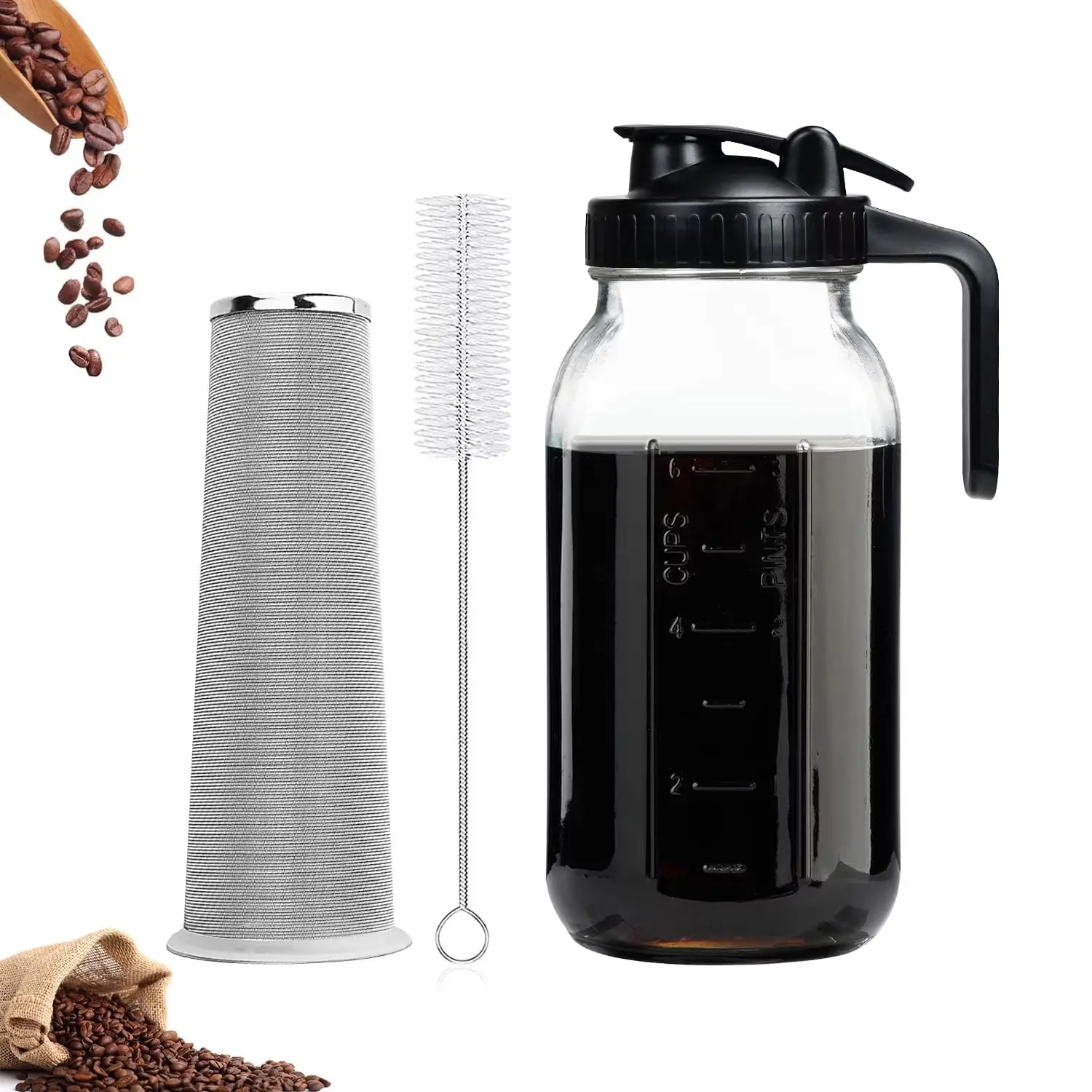 Cold Brew Coffee Maker, 64OZ Wide Mouth Mason Jar Pitcher with Stainless Steel Filter, Pour Spout for Iced Brew Coffee & Tea Lemonade