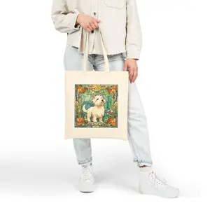 Art Nouveau Inspired Tote Bag - Westie Dog with Floral & Stained Glass Design 100% Cotton Canvas 15x16 Inches with 20 Inch Handles