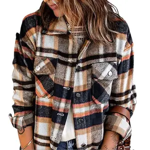 Cali Chic Women Jacket Shacket Geometric Plaid Flannel Buttoned Long Sleeves Pockets Casual Outerwear Womenswear