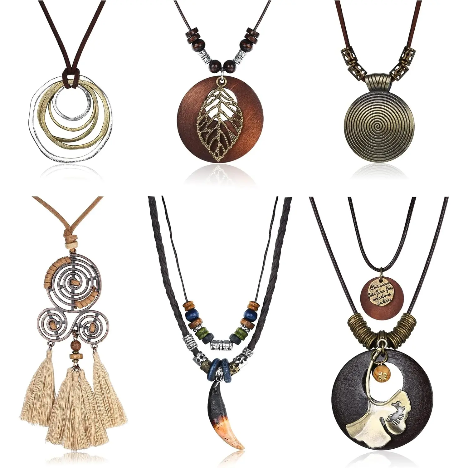 FUNRUN 6Pcs Boho Long Pendant Necklace Set | Vintage Leather & Wood Sweater Necklaces | Adjustable Leaf & Tassel Statement Jewelry | Ethnic Tribal Style for Layering