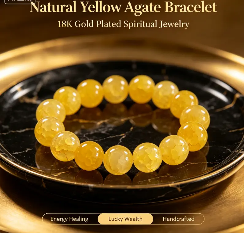Natural Yellow Citrine Beaded Bracelet, Healing Crystal Energy Bracelet for Wealth Attraction, Smooth Round Yellow Quartz Bracelet Lucky Prosperity Wrist Jewelry for Men Women