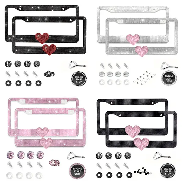 1PCS/2PCS Stainless Steel Glitter Diamond License Plate Frame Set, Automotive Hard License Plate Decoration with Sparkling Screw Caps, Pink Heart Multi-Color Design, Easy Install & Durable, Girl Car Accessories, Personalized Auto Upgrade
