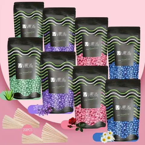 VIIIlife Brazilian Hard Wax Beans Hair Removal Kit - Universal Body Waxing, Easy Grooming for Adults, 8 Packs with 40 Wooden Sticks for Bikini Hair Removal, Eyebrow, Legs, Bikini Wax Beads Waxing