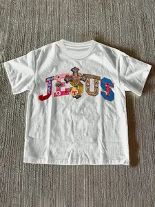 Men's White "JESUS" Cross Graphic Oversized T-Shirt TikTok Trending Streetwear Casual Style Tee | #tiktokshopblackfriday #giftideas Colorful Religious Embellished Print Top for Daily Wear & Christmas Presents