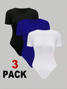 Women's Solid Round Neck Bodysuit, Shapewear Body Suits, Casual Short Sleeve Bodysuit for Daily Wear, Ladies Clothes for All Seasons, Socks