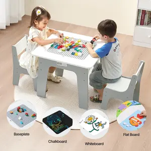 VEVOR 4 in 1 Kid Activity Table and 2 Chairs Set, Graffiti & Building Blocks Double-Sided Tabletop, Toddler Play Table with Storage for Kids 3+ Years, Large Storage Space, Gift for Boys & Girls, White