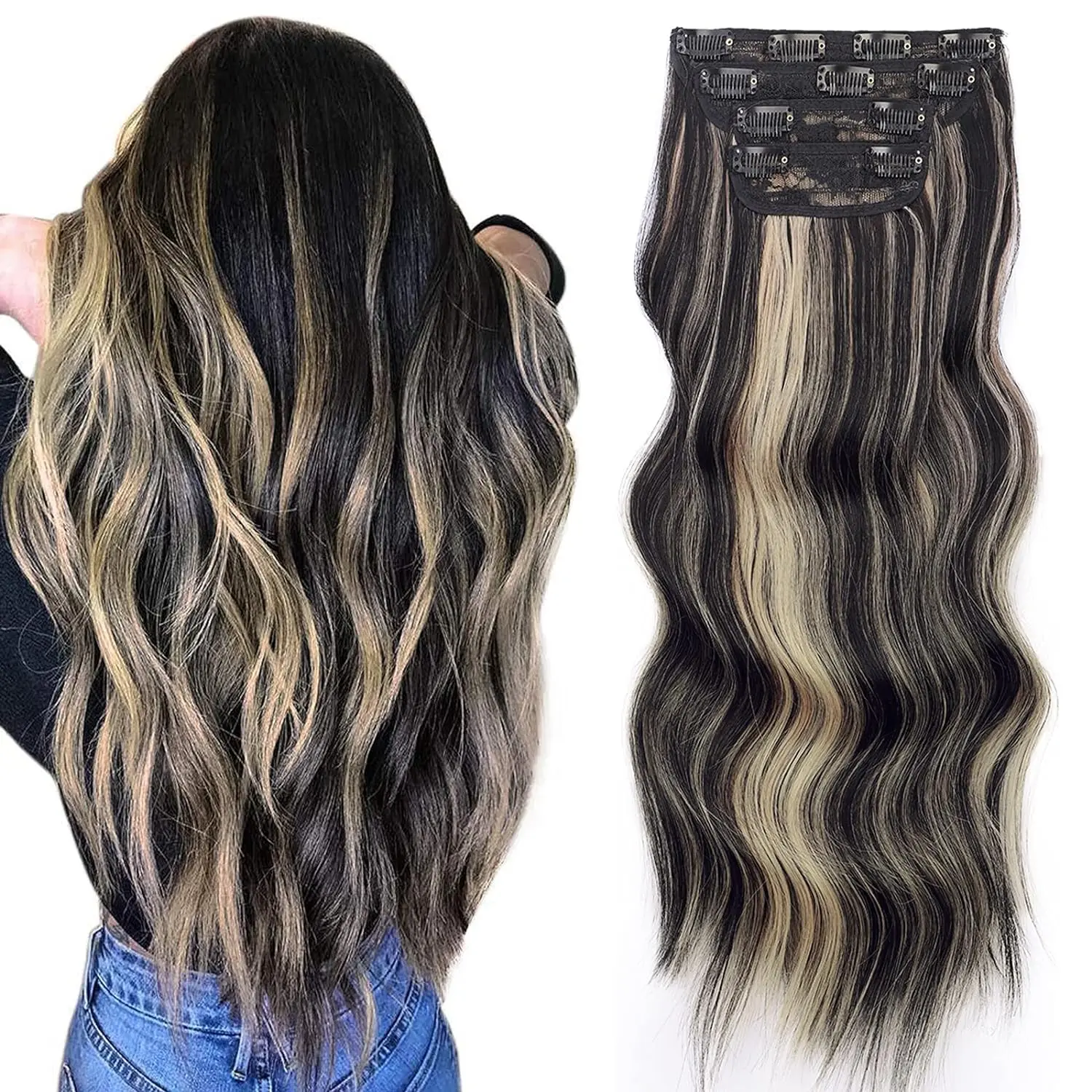 Clip in Hair Extensions Long Wavy Synthetic Hairpieces for Women and Girls, Easy to Install for Daily Use and Event Party Use
