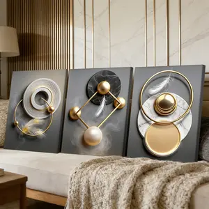 3 Counts Wooden Framed Canvas Painting, Elegant Geometric Gold Feather Images, Exquisite Poster, Abstract Design, Perfect Gift, Decor For Living Room, Bedthroom, Modern Art, Fashion Family Poster, Wall Art Decoration, Aesthetic Wall Decor, Artistic
