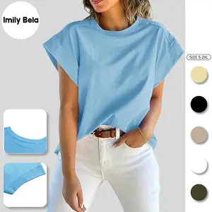 Imily Bela Womens Summer Cap Sleeve Tank Top Crew Neck Solid Casual Loose Fit Basic Tee Shir