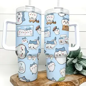 Chiikawa Hachiware Cute Cartoon 40oz Tumbler with Handle, Cute Cartoon Stainless Steel Insulated Travel Mug with Straw, Japanese Anime Style Water Bottle, Gift for Teens, Kids & Kawaii Fans