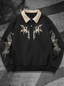 Men's Fall Winter Floral Print Polo Neck Sweatshirt, Casual Outdoor Fitted Long Sleeve Pullover, Trendy Half Button Design