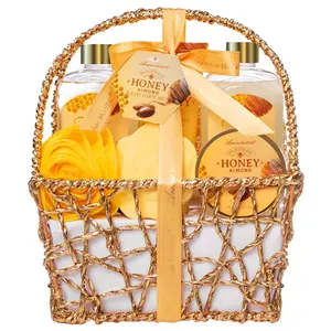 Valentine’s day Spa Gift Basket for Women. 8pcs of Honey Almond Bath Set for Women. Birthday Mom gift, Relaxation Self-care Spa Kit with Bath Bomb. Bubble Bath. Luxury Skin Repair Scent