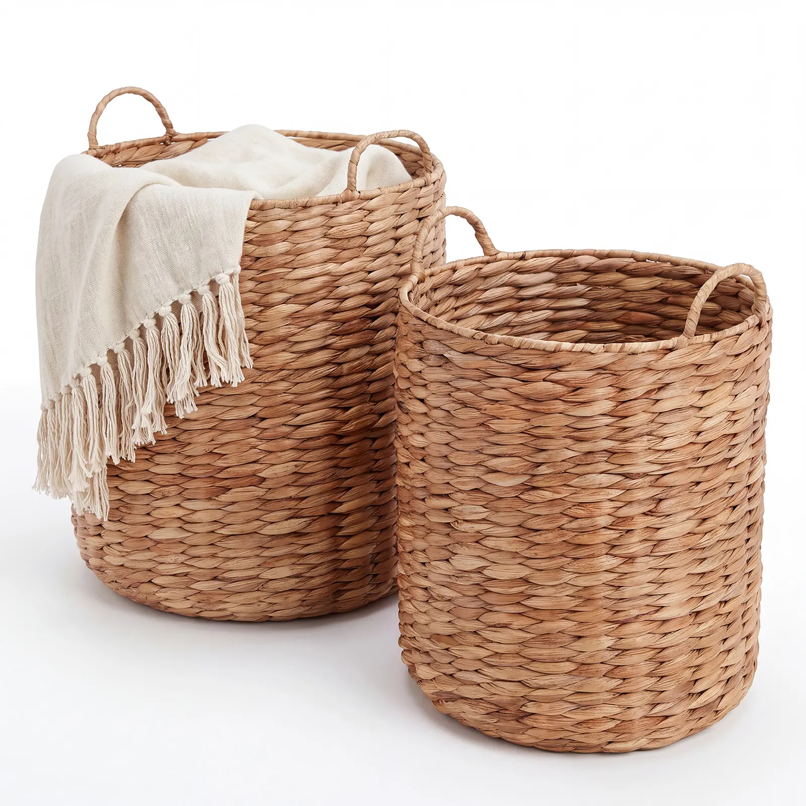 【Black Friday】MAMIZO 2-Pack Durable Handwoven Water Hyacinth Nesting Storage Baskets with Handles, Cylinder Wicker Home Goods for Farmhouse Nature Decor, Laundry Organizer