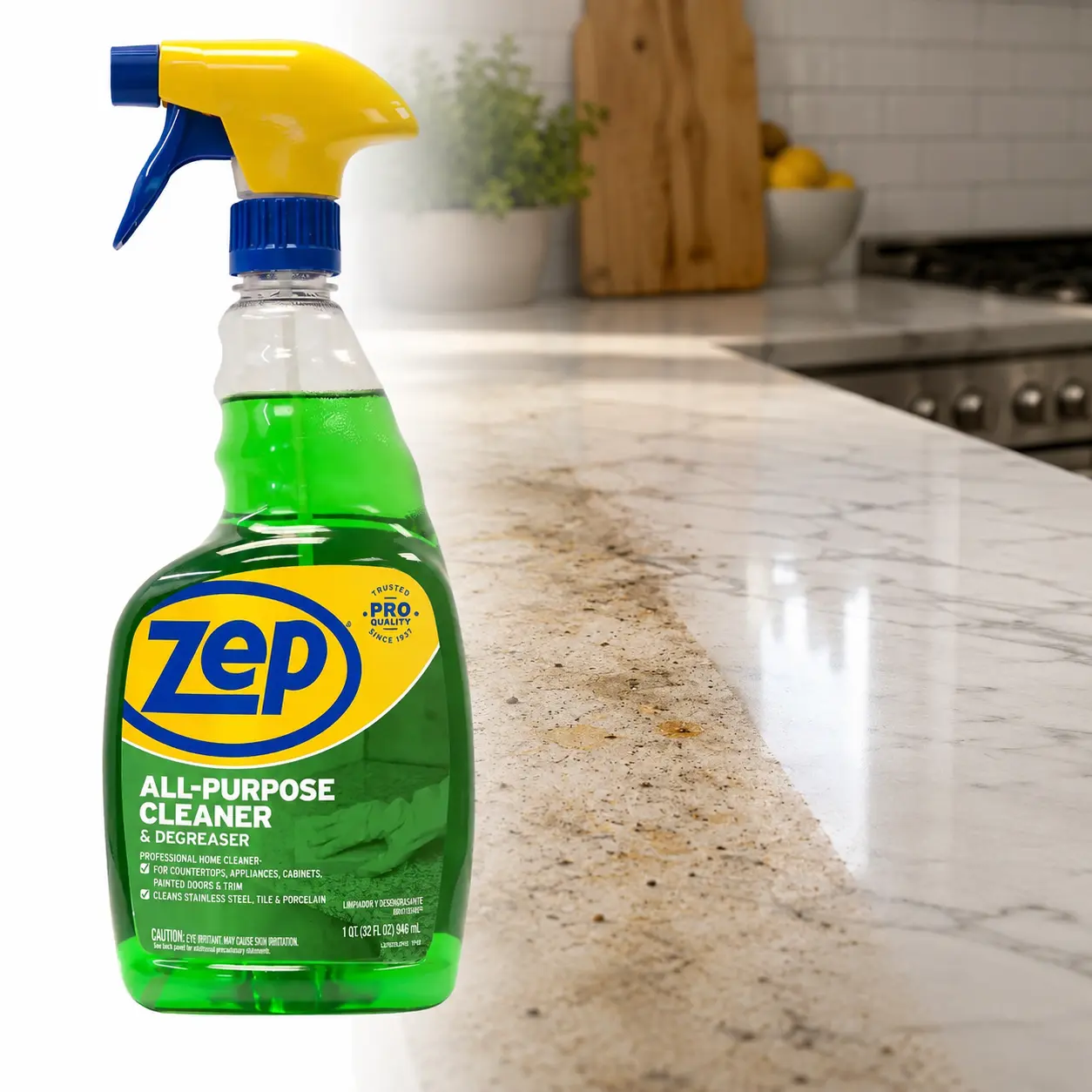 ZEP 32 oz. All-Purpose Cleaner and Degreaser, Spray and Wait Formula, Cuts Tough Grease and Soap Scum, Ideal for Kitchen Countertops and Bathroom Tiles, Pleasant Scent, Leaves Surfaces Shined.