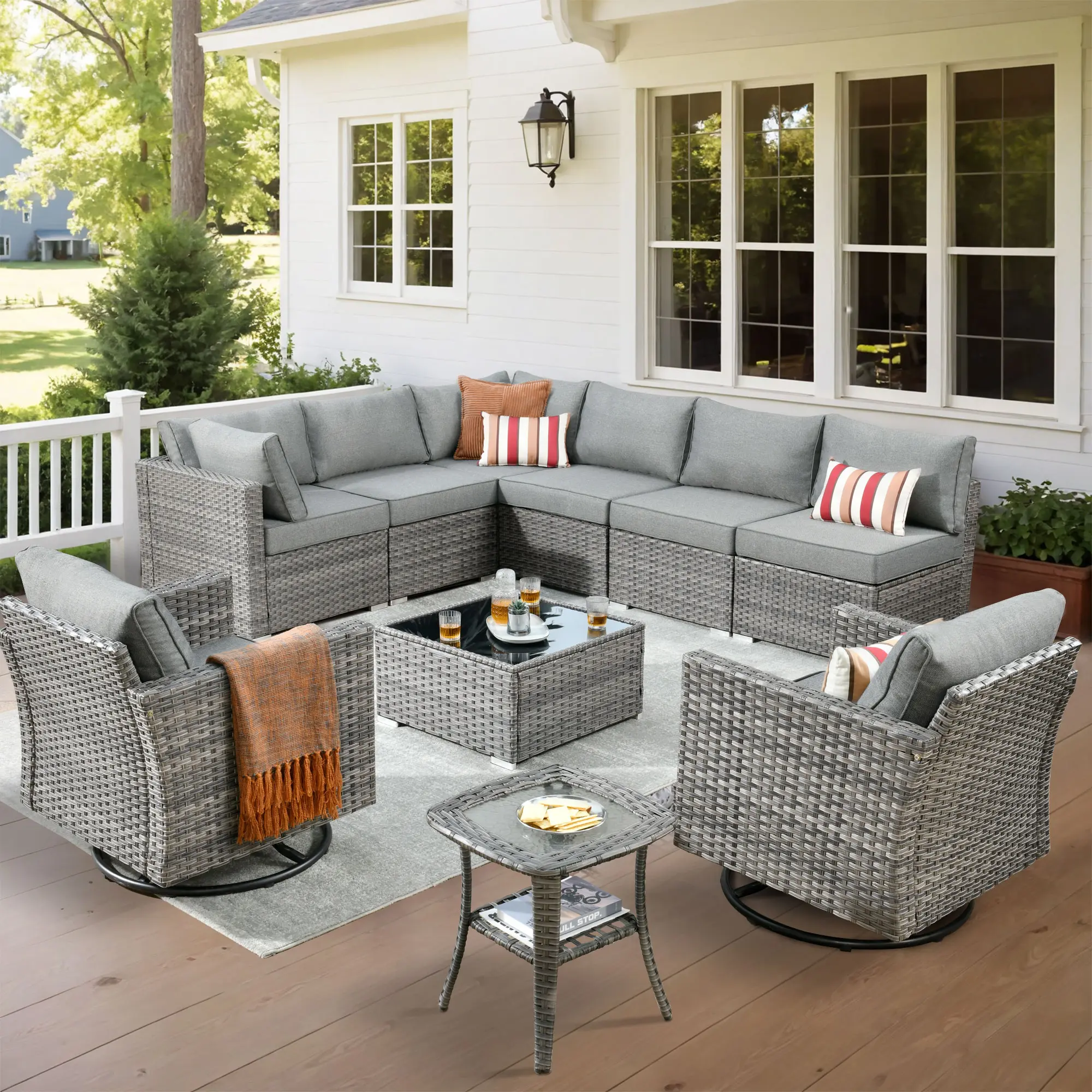 CAODOC Wicker Patio Furniture Set with Swivel Glide Chairs, 10 Pieces Outdoor Conversation Sofa Sets with Cushions for Deck Lawn Backyard