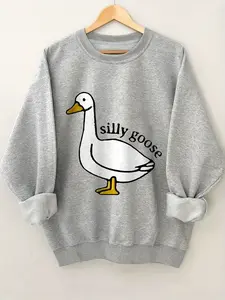 Autumn Women's Casual Loose-Fit Long Sleeve Round Neck Knit Sweatshirt, Silly Goose Print Pullover for All Seasons, Comfortable Fabric, Womenswear, Knitwear