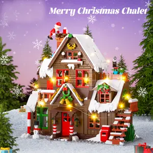 Christmas Wooden House Mini Building Block Set with Lights, Holiday Snow Village Model Construction Toy, Santa Sleigh Accessories, Unisex Christmas Decorations