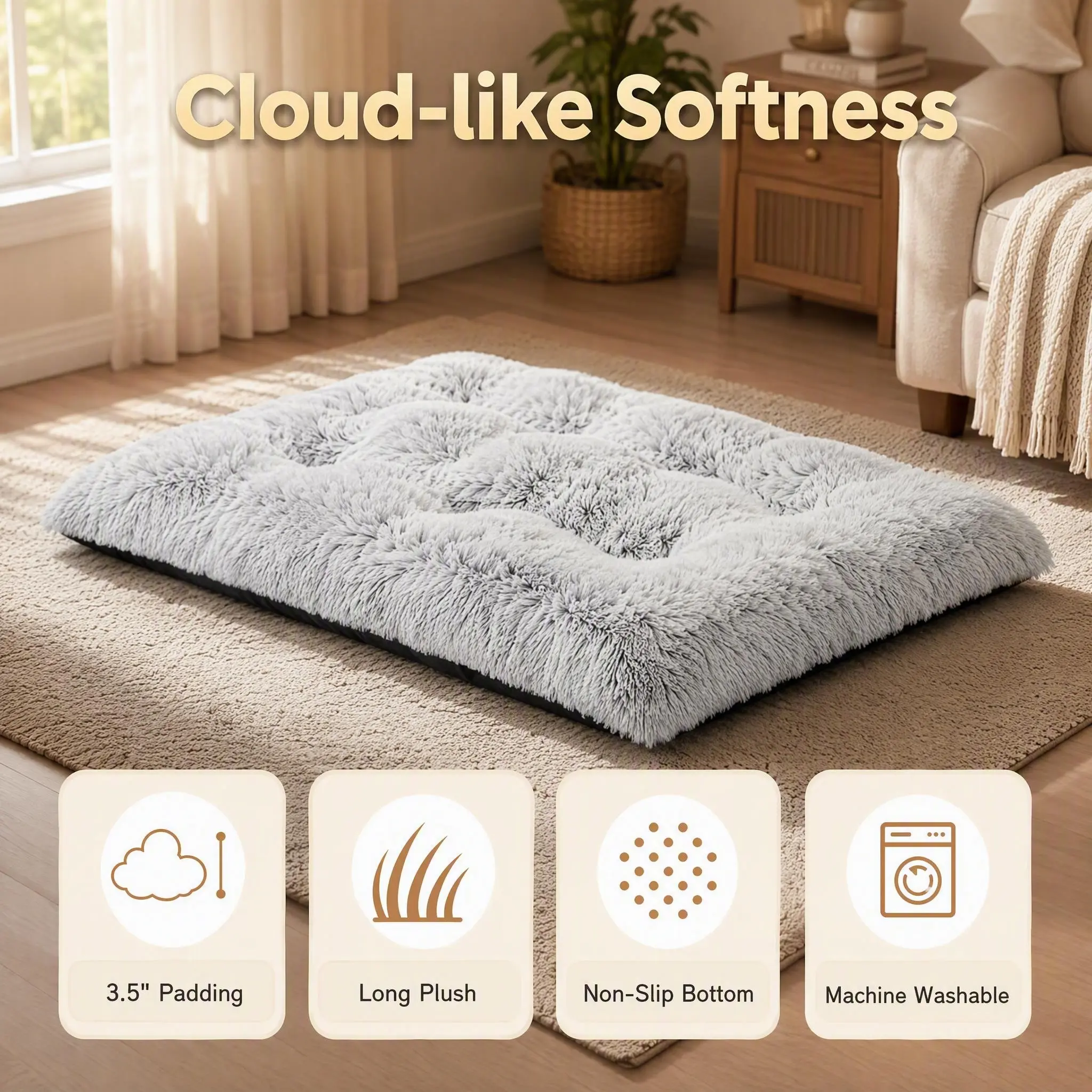 Long Faux Fur Dog Crate Mat - Thick, Cloudlike Soft Pet Bed Mat with Pressure Relief, Joint Support, Non-Slip Oxford Bottom, Machine Washable, All-Season Warm Sleeping Pad for Small-Medium/Large Dogs & Cats Indoor Rest