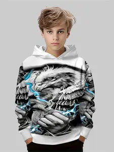Thunder Eagle Hoodie, Graphic, Base Color, Hawk Soars High, Lightning Streaks Strength, Casual Fitted Style, Long Sleeve, Fall & Winter Wear