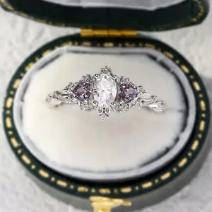Unique Briar Rose Three Stone Oval Moissanite and Lab Alexandrite Wedding Ring