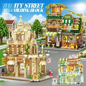 700+pcs City Street View Coffee Burger Shop Hotel Model Building Blocks DIY Architecture Commercial Street Bricks Toys Adult