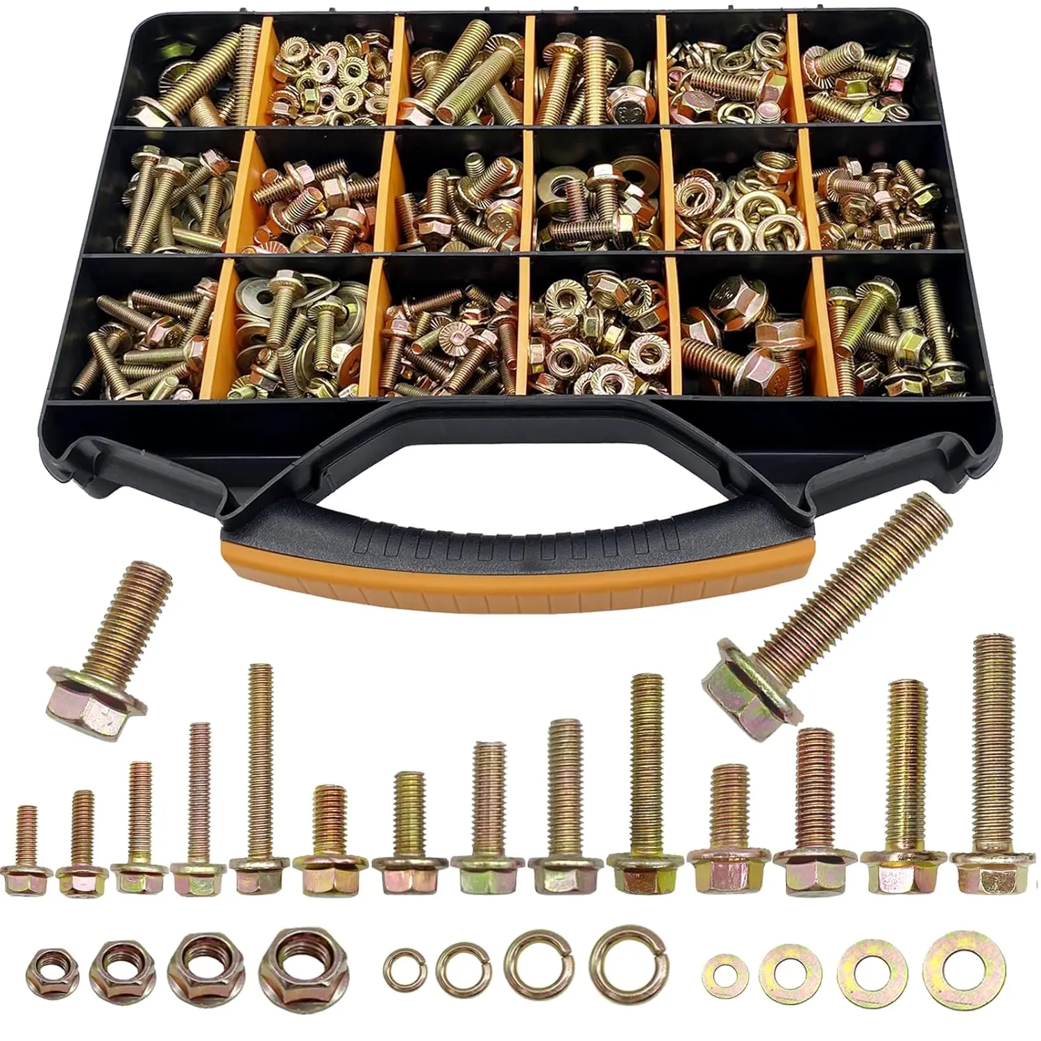 820pcs Metric Yellow Zinc-Coated Flange Hex Bolts and Nuts Kit with Washers (16 Sizes) - M6x1.0, M8x1.25, M10x1.5, M12x1.75 (16-50mm Lengths) for Assembly Fastening, Mechanics DIY