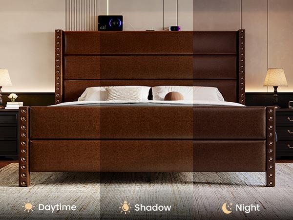 [Summervibes]Modern Brown/Black Leather Bed Frame with USB Charging, Tall Upholstered Headboard, No Noise, Easy Assembly – Bedroom Upgrade Must-Have