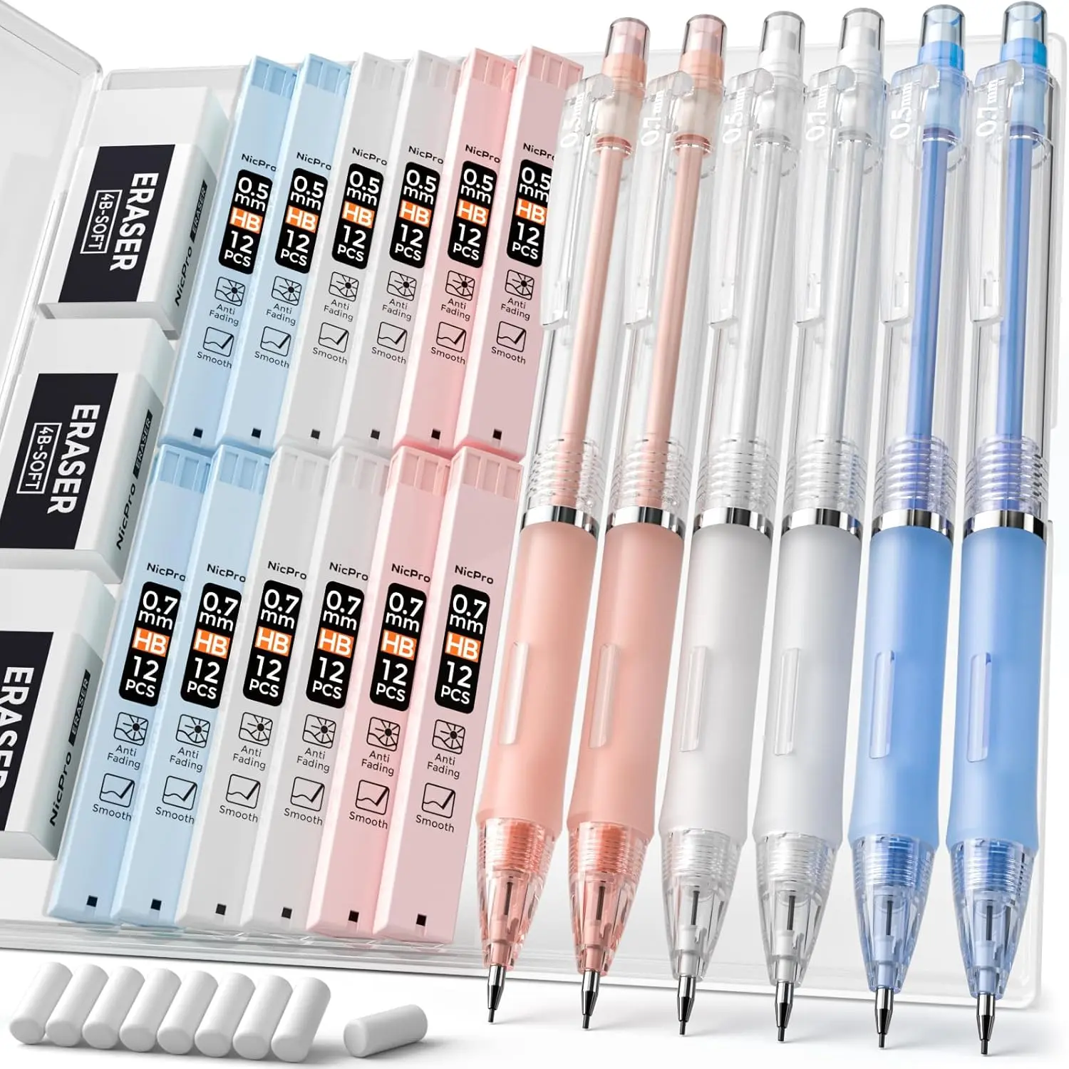 Nicpro 23PCS Pastel Mechanical Pencil 0.5 & 0.7 mm with Case for School, with 12 tubes HB Lead Refills, 3 Erasers, 9 Eraser Refills For Student Writing, Drawing, Sketching, Blue & Pink & White Colors