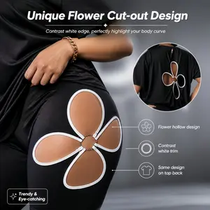 Oversized Floral Openwork Two-Piece Casual Set for Women with Curvaceous Figures Short-Sleeve Top & Leggings in Stretchy Jersey Knit for All-Day Comfort Comfy Suit