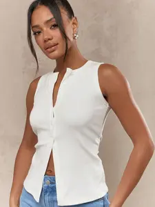 Elegant Minimalist Slim-Fit Knit Vest with Half Button Design, Flattering Sleeveless Style for Women, Perfect for Layering in Any Season, Basic Knitted Tops