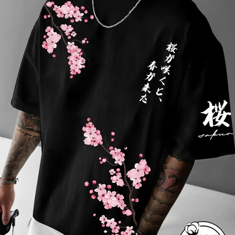 Unisex 100% Cotton Japanese Cherry Blossom Floral Print Casual Oversized T-Shirt Y2K Harajuku Streetwear Black Top Graphic Cotton Tee