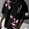 Unisex 100% Cotton Japanese Cherry Blossom Floral Print Casual Oversized T-Shirt Y2K Harajuku Streetwear Black Top Graphic Cotton Tee