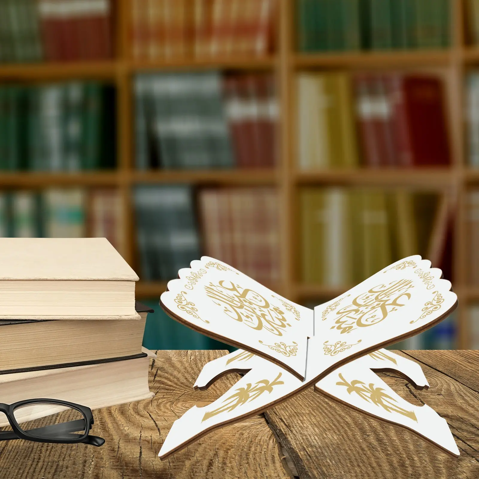 Ramadan Retro White Quran Bookshelf, Religious Supplies, Perfect for Displaying Bibles, Office Decorations, Religious Home Decor, and Souvenir Gifts During the Fasting Month, Stylish Religious Decor