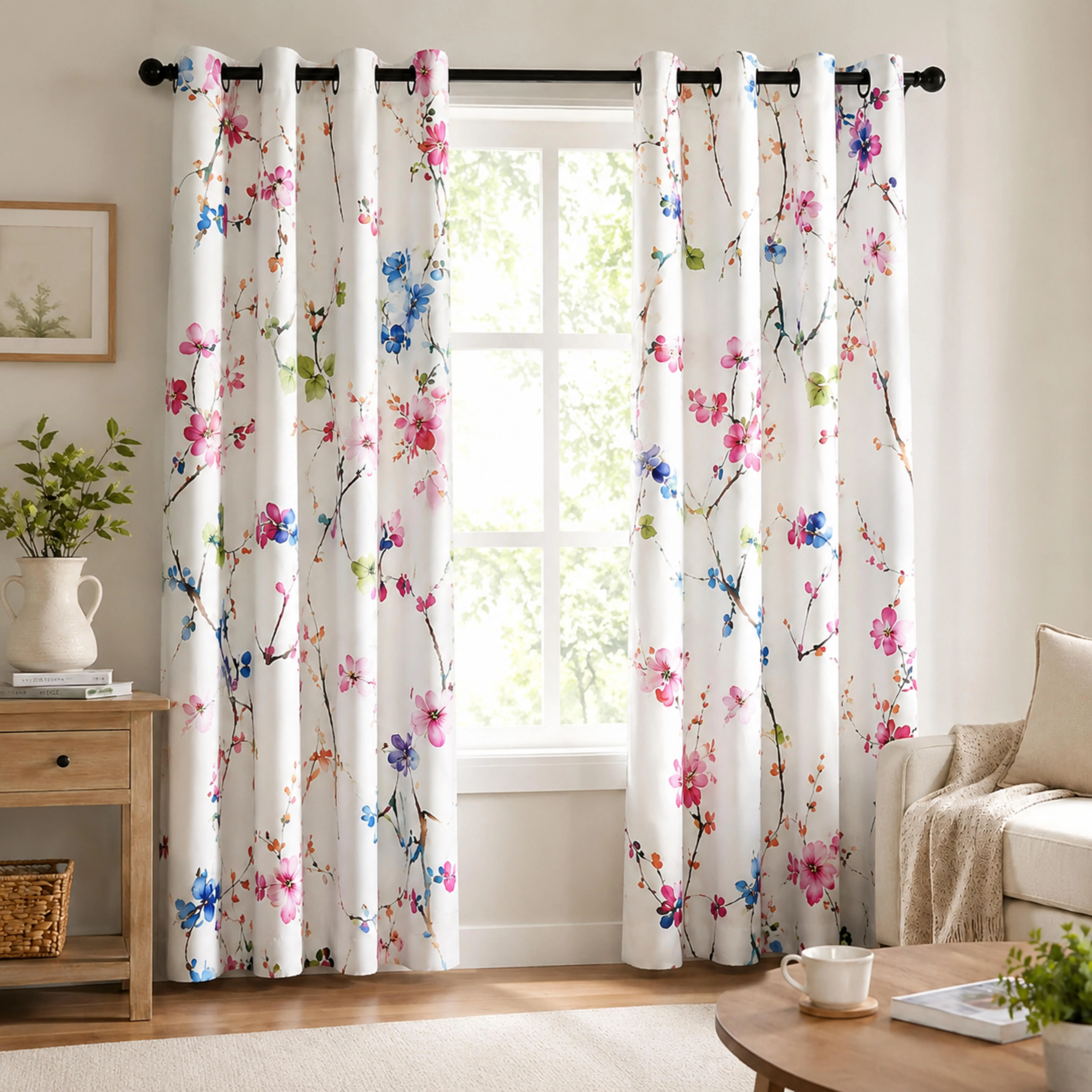 1pcs 84" x 54" 200GSM Floral Window Curtain Panel, Vintage Cherry Blossom Print Blackout Curtains, Botanical Flower Branch Pattern Drapes, Farmhouse Cottagecore Bedroom Living Room Window Treatment, Elegant Home Decor, Thermal Insulated Curtains