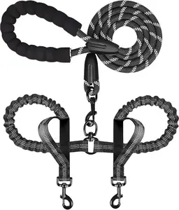 Double Dog Leash for Two Dogs, Heavy Duty Adjustable No Tangle, Bungee Retractable Split Multiple Leash for Walking 2 Dogs, 5.5FT-1/2”, Black