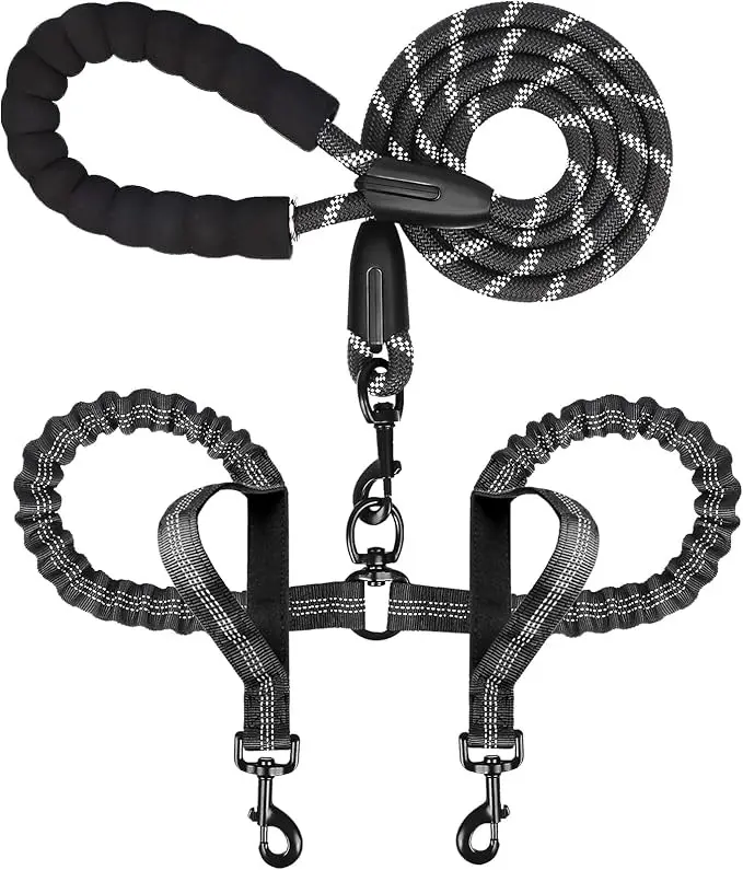 Double Dog Leash for Two Dogs, Heavy Duty Adjustable No Tangle, Bungee Retractable Split Multiple Leash for Walking 2 Dogs, 5.5FT-1/2”, Black