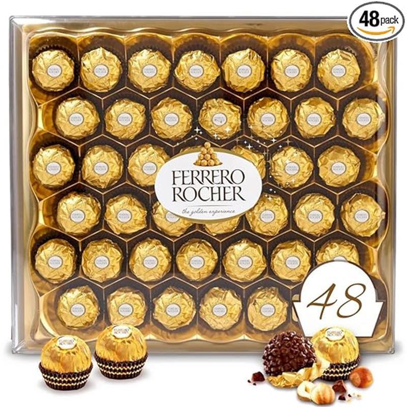 Ferrero Rocher, 48 Count, Premium Gourmet Milk Chocolate Hazelnut Holiday Gift Box, 21.2 Oz Snack Bonbon Dessert Creamy Ferrero Rocher