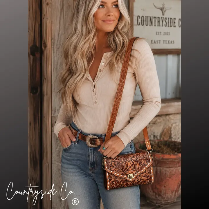 Stampede Double Horseshoe Tooled Leather Purse Crossbody