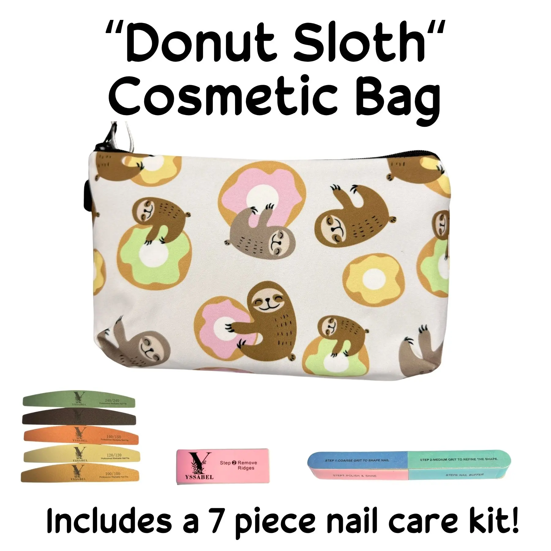 Donut Sloth Cosmetic Bag with 7-Piece Nail Care Kit | Cute Travel Makeup Organizer