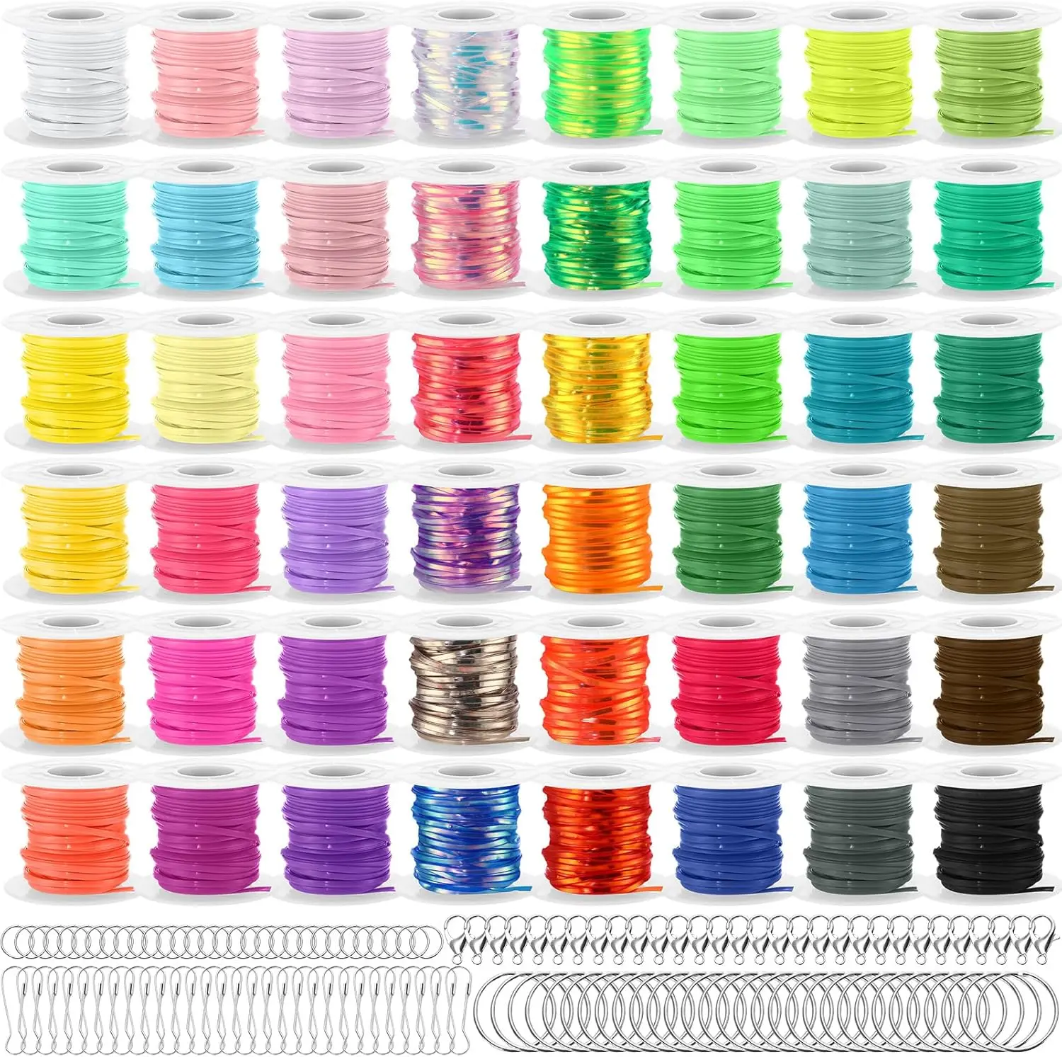 Lanyard String Kit 48 Rolls Gimp Plastic Lanyard String for Bracelets  DIY Crafts with Key Chain Rings, Snap Clips, Open Rings, Lobster Clips Gimp Bracelet Making Kit(11 Yards)