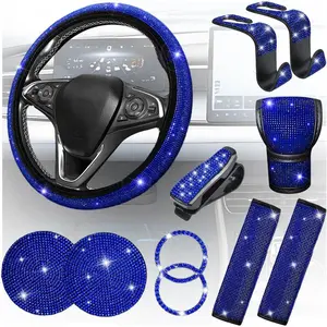 11PCS/Set Bling Car Accessories Set for Women, Rhinestone Vehicle Steering Wheel Cover Seat Belt Cushion Gear Shift Protector Cup Holder Coaster, Universal Automotive Accessories (Blue)