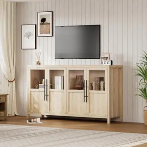 Sideboard Buffet Cabinet with 4 Glass Doors,55" Buffet Table Coffee Bar Wine Bar Display Cabinet for Kitchen Dining Room,Living Room (Natrual, 40D x 140W x 86H)