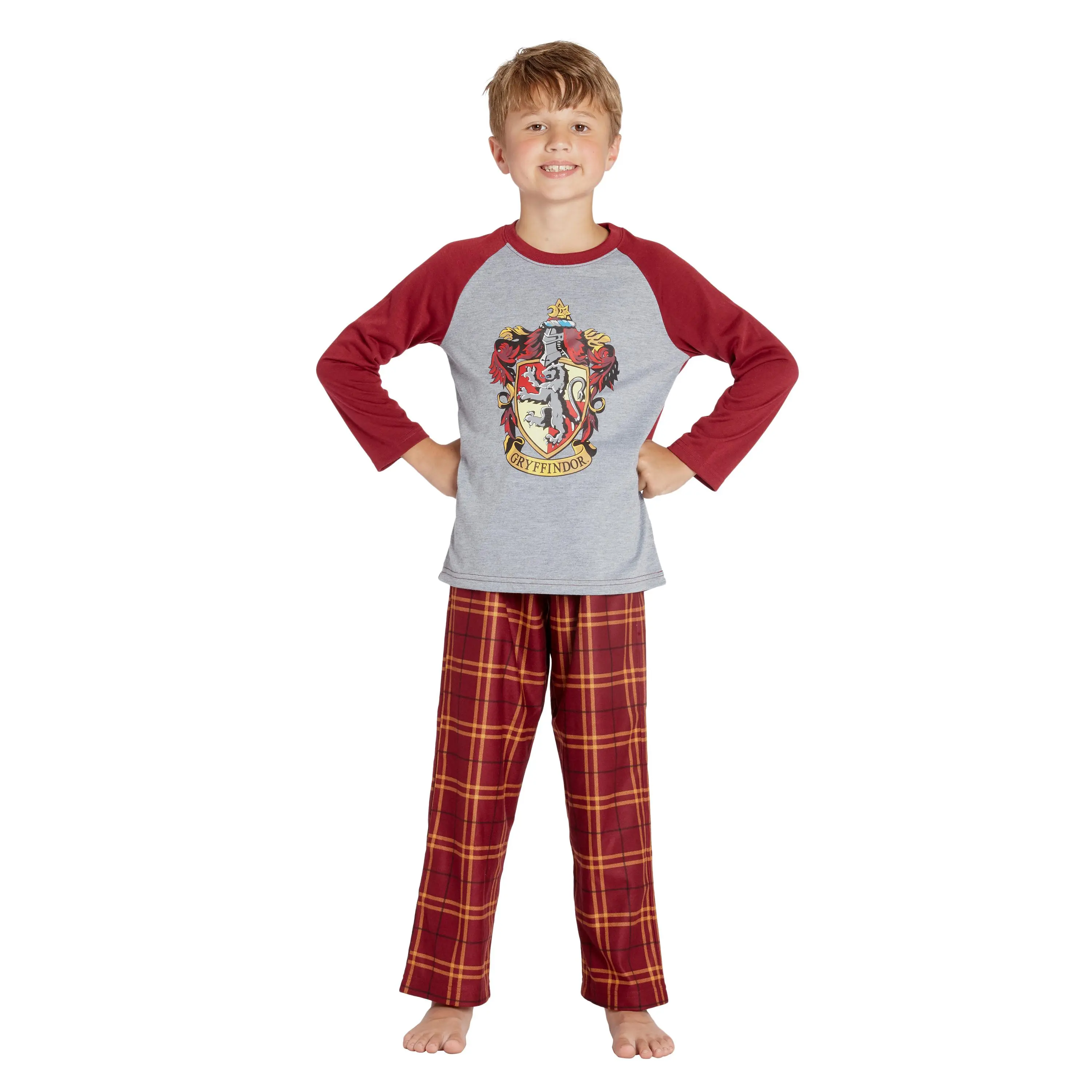 PJammy Boys' Harry Potter Hogwarts House Pajama Outfit, 2-Piece Cozy Polyester Raglan Shirt & Plaid Pants, Cute Pajamas, Cozy Fashion