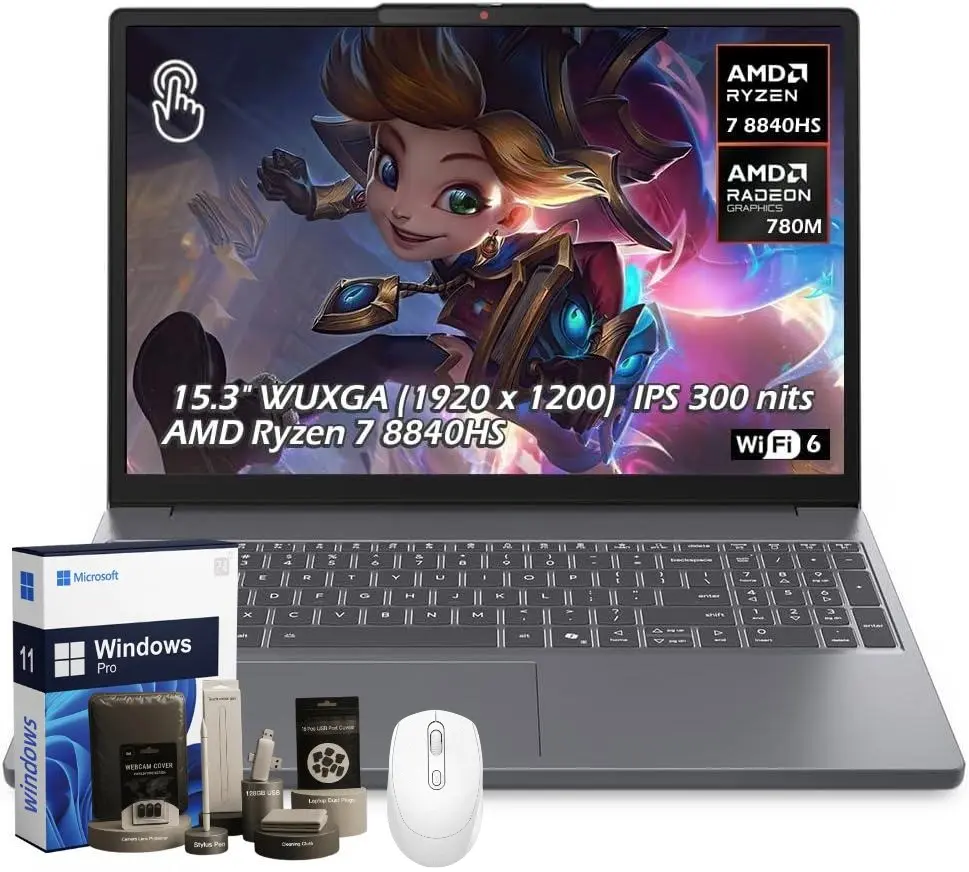 Lenovo IdeaPad Slim 3 15.3" WUXGA Touchscreen Laptop – AMD Ryzen 7 8840HS, 16GB DDR5 RAM, 512GB SSD, AMD Radeon 780M, Bluetooth, Wi-Fi6, Webcam, Windows 11, Luna Grey, w/2TB USB Drive