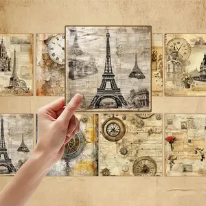 Scrapbook Paper - 24 Sheets Paris Eiffel Tower Clock Designs - 15x15cm Square Craft Paper for Junk Journal Decoupage Scrapbooking DIY Crafts, Card Making, Art Journaling