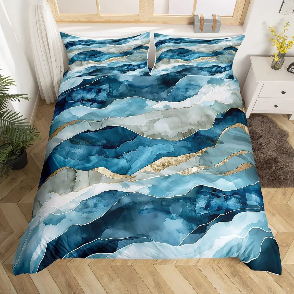 Marble Comforter Cover Modern Abstract Bedding Set,Teal Blue Metallic Duvet Cover,Marbling Texture Bed Set Watercolor Gradient Room Decor