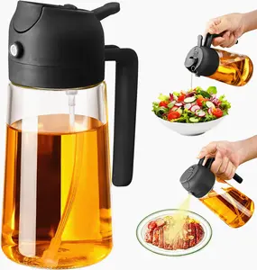 Dual function glass oil kitchen olive oil dispenser bottle two in one oil bottle and cooking spray 16oz high-quality dark green glass oil bottle fine fog quick press, suitable for salad air fryer, food grade salad spray bottle, frying, barbecue (black)